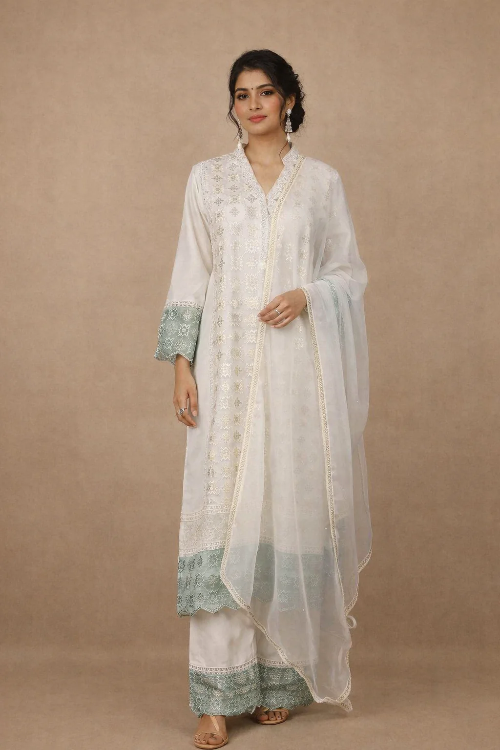 White Floral And Sequins Embroidered Cotton Straight Cut Salwar Suit